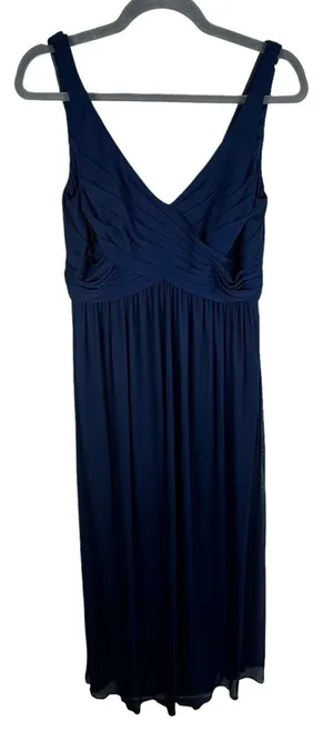 David's Bridal Navy Blue Sleeveless Chiffon Draped Pleated Bride's Maid‎ Dress 8 thumbnail 1