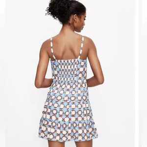 LOFT Geo Print Mini Dress Boho Indie Coastal Summer Size 6 Blue Spaghetti Strap thumbnail 2
