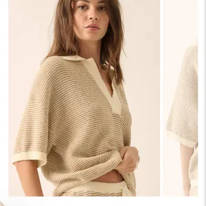 Prómesa NWT Days of Joy Striped Short-Sleeve Polo Sweater size L in Cream & Sand thumbnail 9