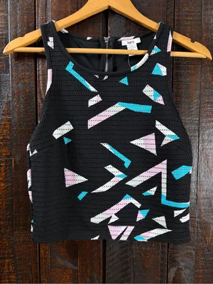 Bar III Lasercut Black Geo Print Cropped Tank Top Large thumbnail 2