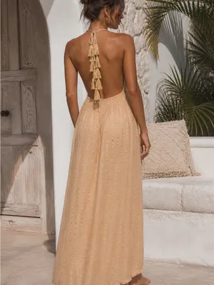 Surf Gypsy Halter Maxi Dress Size M Boho Gold Shimmer Backless Tassel thumbnail 2