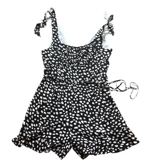 Black White Polka Dot Romper Tie Shoulder Ruffle Hem Sleeveless Sunsuit S thumbnail 1