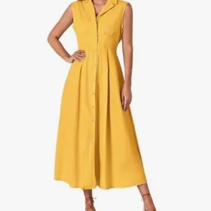 Amazon Essentials Yellow Pleated Midi Sundress Size L thumbnail 2