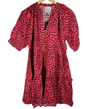 AREA STARS Red Black‎ Polka Dot Tiered Midi Dress Womens Size L Cotton V Neck thumbnail 1