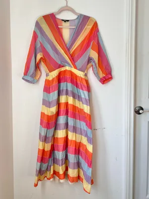 Tara Jarmon Stripey Multicolor Cotton Midi Dress Women's 36 FR Small V-Neck thumbnail 2