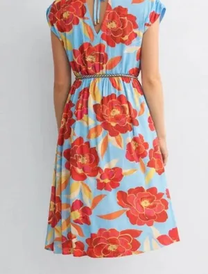 Plisse Hibiscus Midi Dress Blue Size L thumbnail 2
