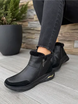 Skechers Arch Fit Women’s 11 Black Leather Faux Fur Ankle Boots Zip Comfort thumbnail 1