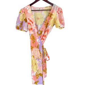 Billabong Floral Wrap Mini Dress Peach Yellow Lavender Puff Sleeve Small NEW thumbnail 2