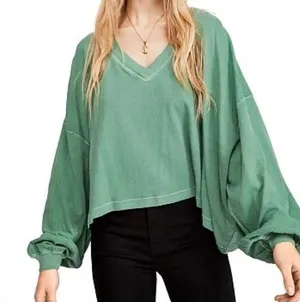 Free People We The Free Sage Green V-Neck Buffy Balloon Sleeve Sweatshirt Small thumbnail 1