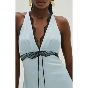 FOR LOVE & LEMONS Mariella Lace Trim Satin Maxi Dress in Blue Size XL thumbnail 2