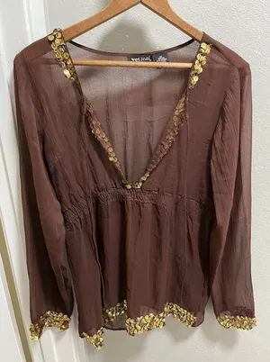 Y2K Wet Seal Brown Long Sleeve 100% Silk Sequin Blouse Top M thumbnail 1