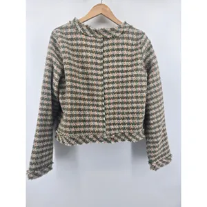 POL‎ Jacket Womens Large Green Orange Plaid Tweed Frayed Edge Button Up FWJ191 thumbnail 4