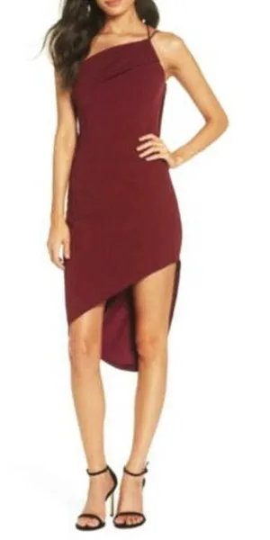 Katie May Women’s Bananas Midi Dress Merlot Burgundy Red Asymmetric Open Back thumbnail 1