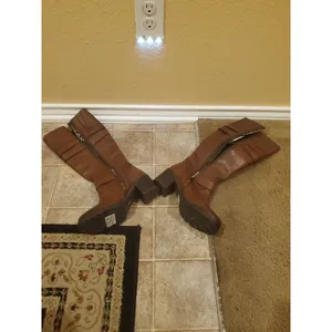 CLARKS Riding Boots Knee High Brown Leather Chunk Heels Buckle Details Size 6.5M thumbnail 15