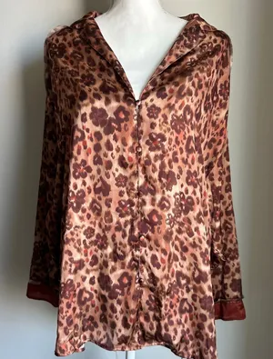 Intimately Free People Cheetah Leopard Floral Brown Silky Pajama Shirt Size L thumbnail 1