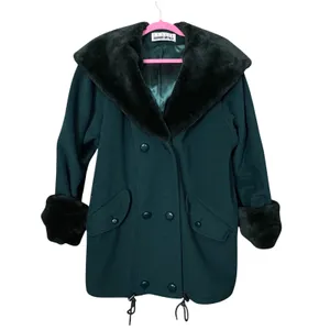 VTG Leslie Fay Wool Blend Coat Faux Fur Collar Cuffs Lined 12 Women's Dark Green thumbnail 3