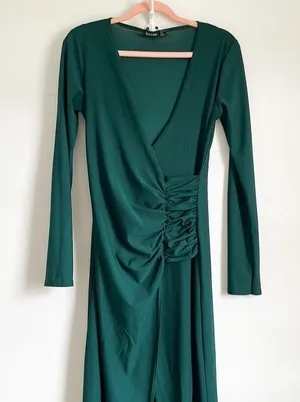 Boohoo Dark Green Long Sleeve High Slit Ruched Side Maxi Dress sz 8 thumbnail 5