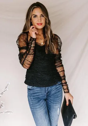 VICI Benefit Polka Dot Ruched Gathered Sleeve Mesh Tulle Top by Free the Roses thumbnail 1
