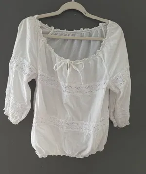 Cottage Peasant White Cotton Crochet Lace Peasant Blouse Off Shoulder Boho Top thumbnail 1