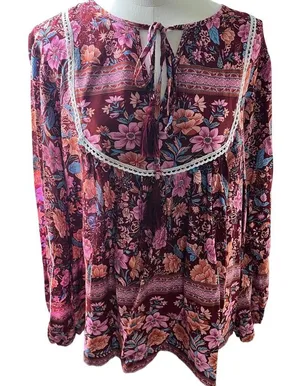 Pretty Garden Boho Cottagecore Blouse Large Pink Floral Tie Neck‎ Peasant Top thumbnail 1