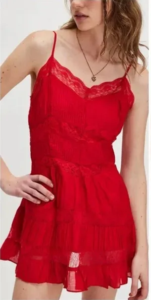 Free People Selia Slip Racing Red V Neck Tiered Lace Straps Size Small 2465 thumbnail 1