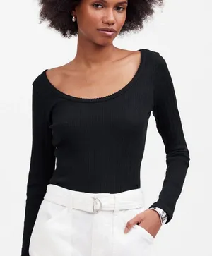 Madewell Small Black Pointelle Long Sleeve Scoopneck Knit Tee NS575 Lightweight thumbnail 1