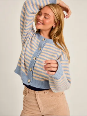 NWOT Le Lis Blue Striped Fuzzy Cropped Cardigan thumbnail 2