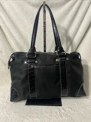 Black Nylon Tote Bag with Croc-Textured Trim thumbnail 2