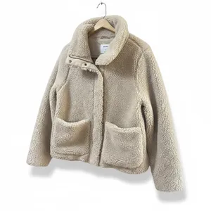 Old Navy Women's Tan‎ Teddy Fleece Jacket Size S Snap Button Collar Cozy cropped thumbnail 3