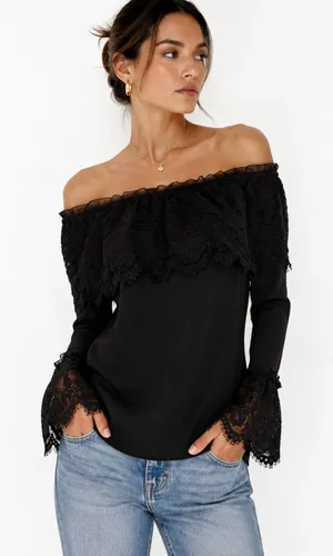 White House Black Market Black Lace Off Shoulder Boho Whimsygoth Top Small thumbnail 1
