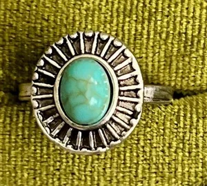 Vintage Turquoise Titanium Steel Silver Statement Ring – Size 6 Blue thumbnail 1