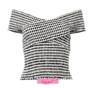 Revolve Cupcakes Cashmere Bowman Top Off-The-Shoulder Smocked Gingham Wrap Bardot Blouse thumbnail 7