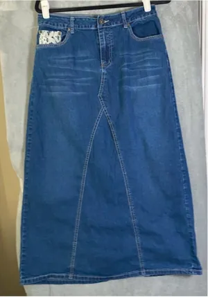 Vintage denim maxi skirt boho festival back slit size 6 Cato cottage lace detail thumbnail 1