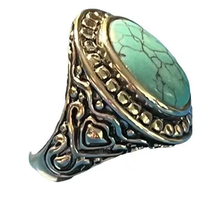 Silver Tone Cocktail Statement Ring Faux Turquoise Southwestern Tibetan Sz 6.75 thumbnail 3