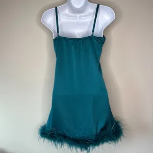 NWT Thirty Thirty Feather Trimmed Cocktail Party Slip Dress in Emerald Size M thumbnail 5