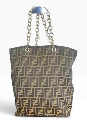 Fendi Vintage Zucca Tote Bag Womens Large Brown Canvas Leather Chain Strap Italy thumbnail 1