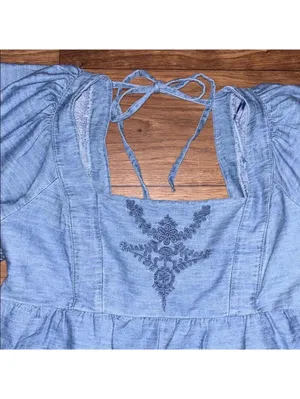 Old Navy Light Blue Embroidered Blouse chambray babydoll thumbnail 2