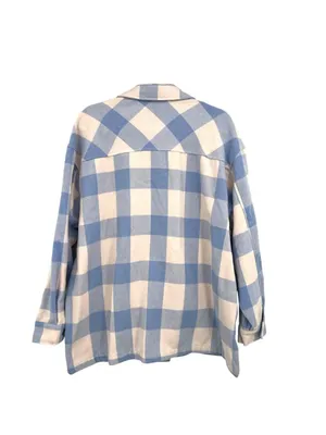 HFX Blue & Cream Plaid Long Sleeve Shacket Front Pockets Size Large thumbnail 7