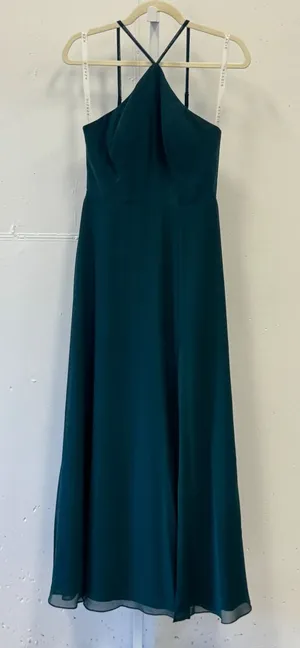 Azazie Dark Green Halter Chiffon Maxi Dress Bridesmaid Formal Gown Size A4 Prom thumbnail 1