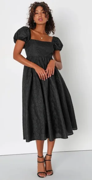Adorable Mood Black Floral Jacquard Puff Sleeve Babydoll Dress thumbnail 1