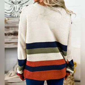 eesome women's size med/large drop shoulder striped pullover cream sweater thumbnail 9
