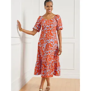 Talbots Size‎ 10 Midi Dress Puff Sleeve Poplin Floral Orange Blue Fit Flare 1526 thumbnail 2