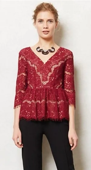 Anthropologie Maeve Lace Peplum Top Burgundy Large thumbnail 1