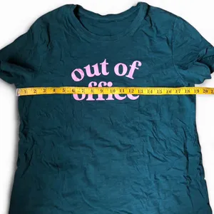 “Out of Office” Green Pink Graphic Tee Funny T-Shirt Top Blouse Short Sleeve Sz M Measurement in pics thumbnail 2