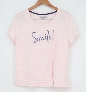 Dearfoams Womens XL Pajama Set Pink White Striped Smile Graphic Tee and Shorts thumbnail 1