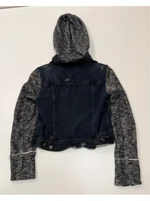 Free People Denim Knit Sleeve Hooded Jacket Distressed Dark Wash h thumbnail 5