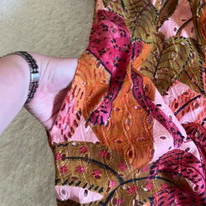 Kourt Tropical Leaf Puff‎ Sleeve Mini Dress Pink Orange Multicolor Size S NWT thumbnail 8