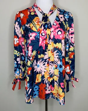 Modcloth Bright Floral Tie Neck Blouse Sz Medium thumbnail 1
