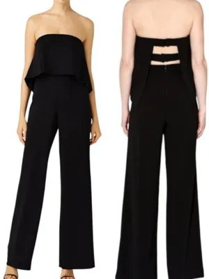 NWT DO+BE Black Strapless Overlay Front Ruffle Wide Leg Jumpsuit Black Size M thumbnail 2