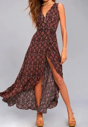 Lulus Evening Blossom Black Floral Print High-Low Wrap Dress - size small EUC thumbnail 1
